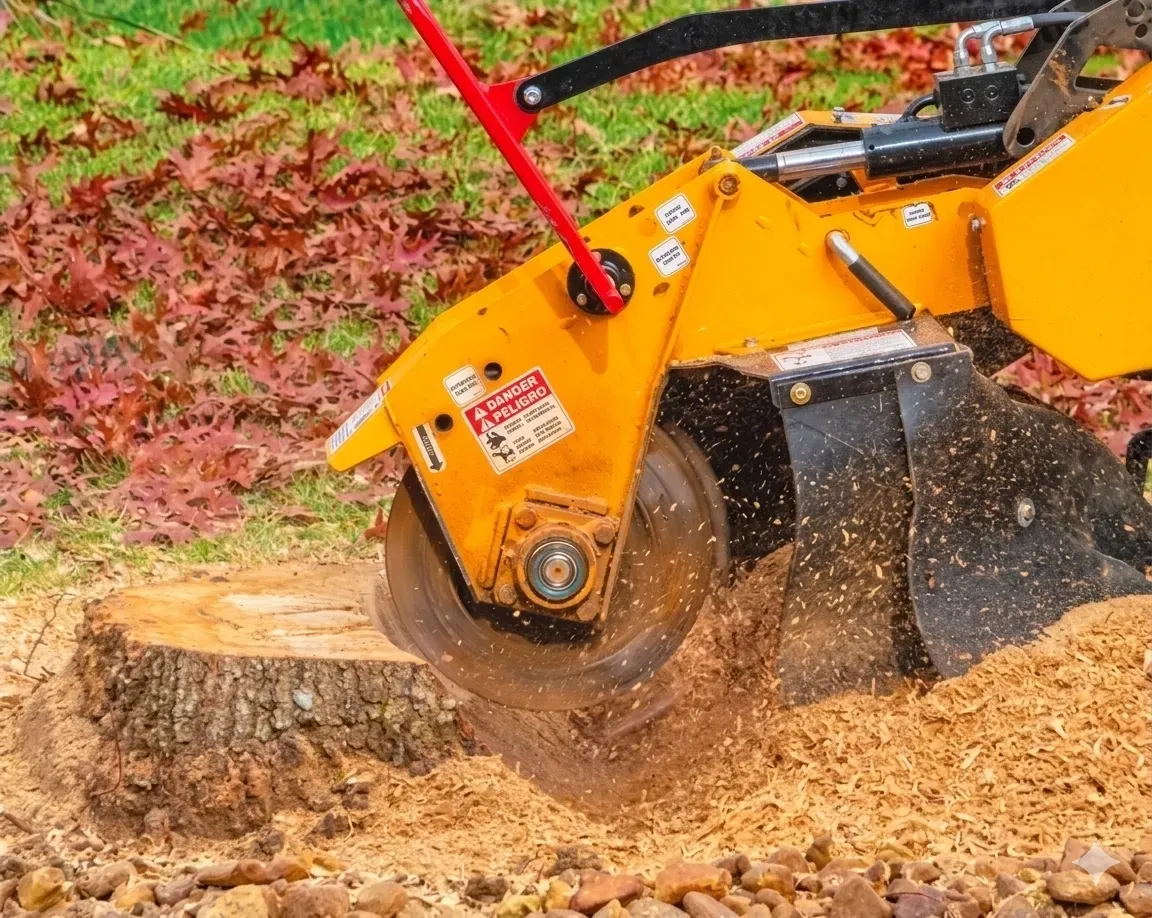A skid steer operator moves logs on a grassy lawn; a crane and truck are parked nearby, likely for tree removal.