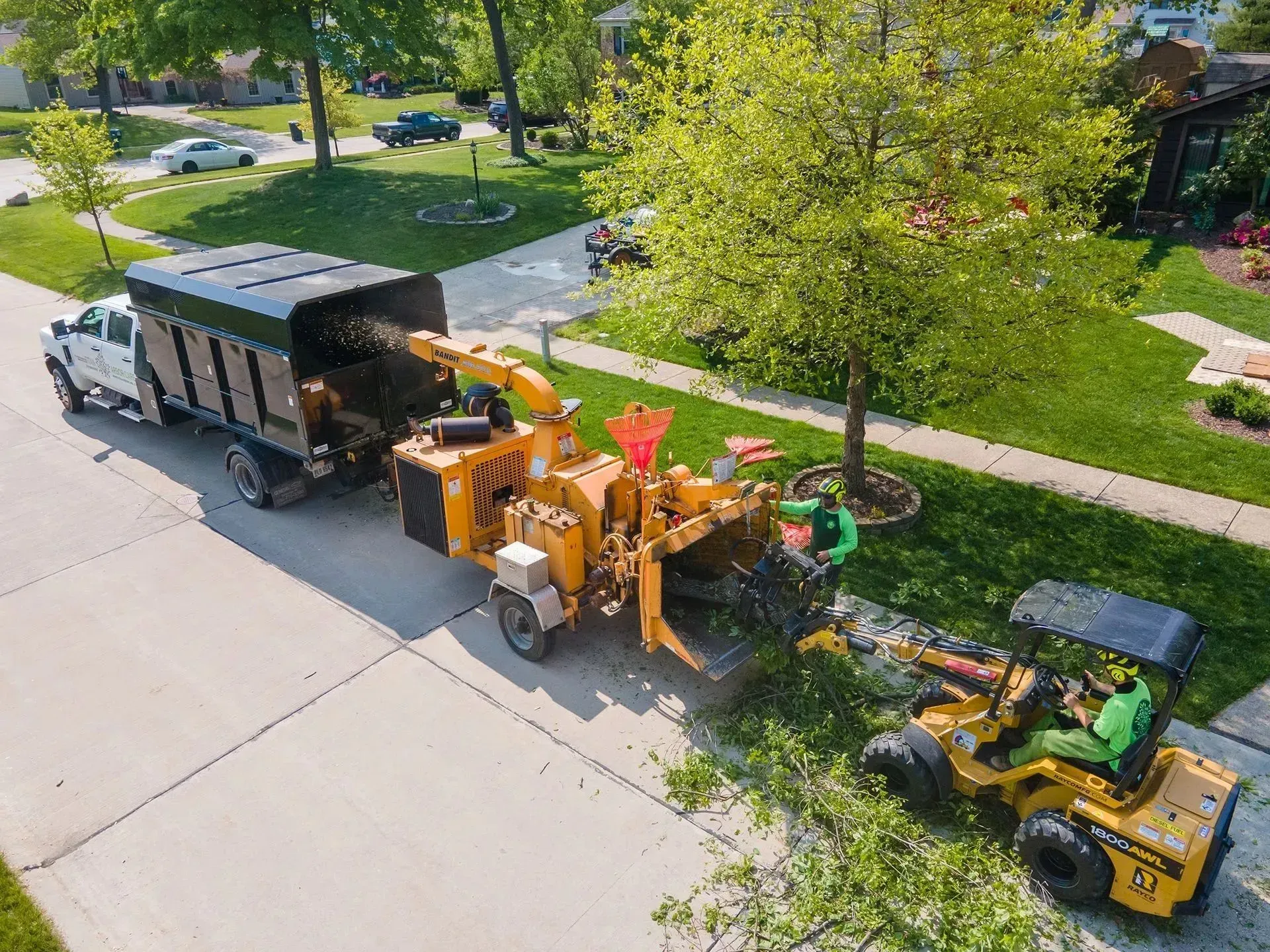 Tree service crew chipping branches on a suburban street.