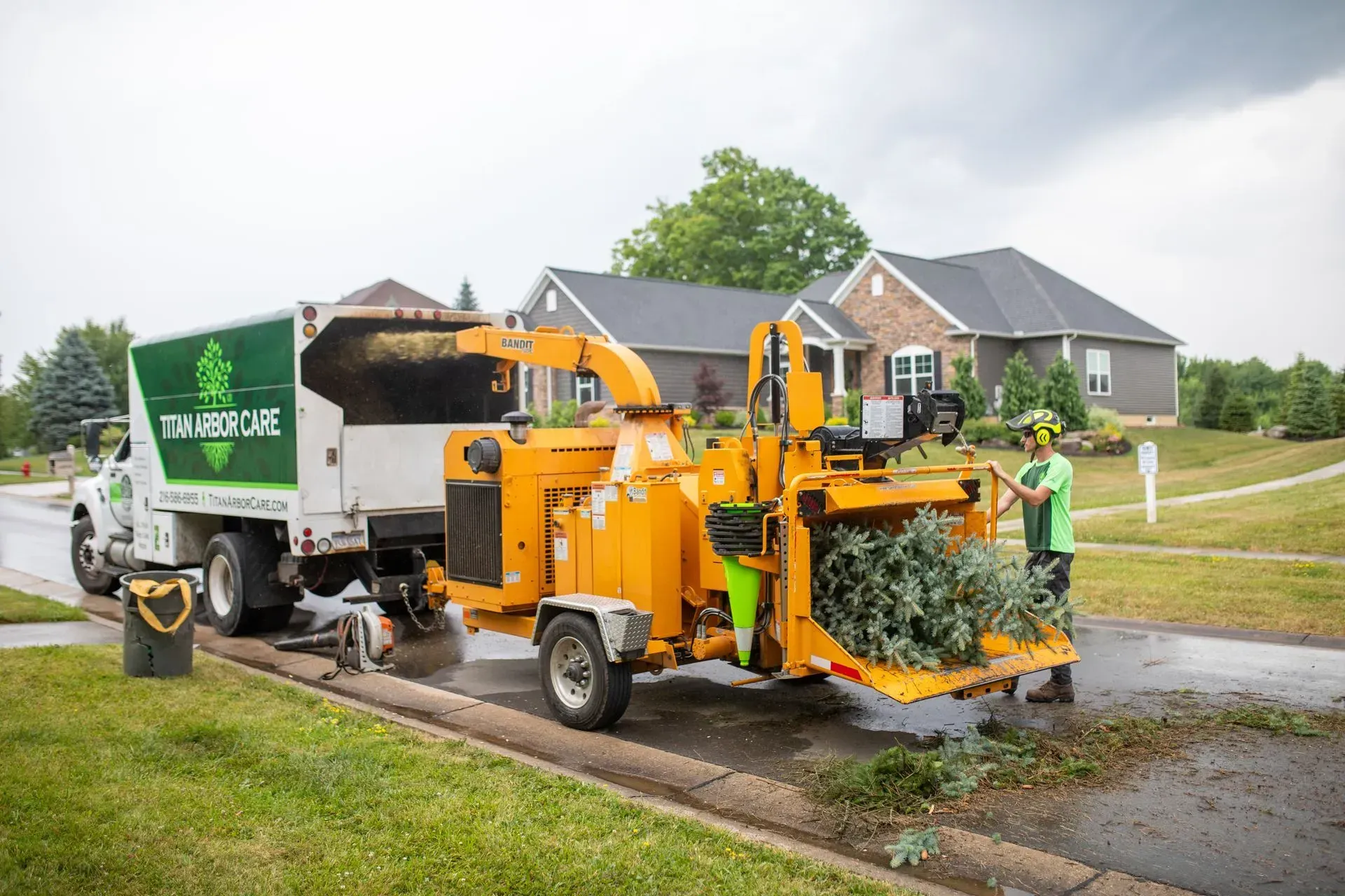 A worker feeds tree branches into a wood chipper attached to a truck, roadside residential setting.