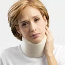 Female personal injury client wearing a neck brace