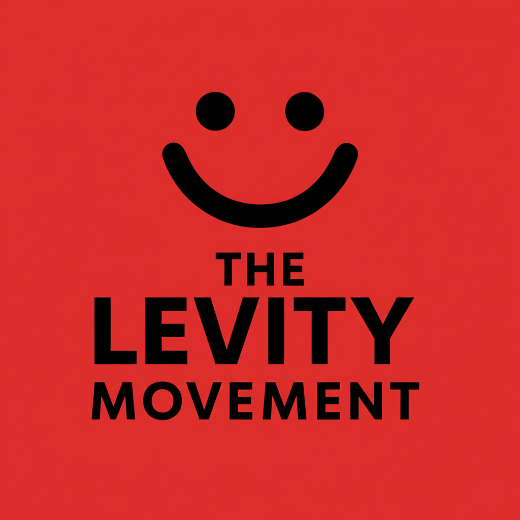 Red background with a black smiley face above the words