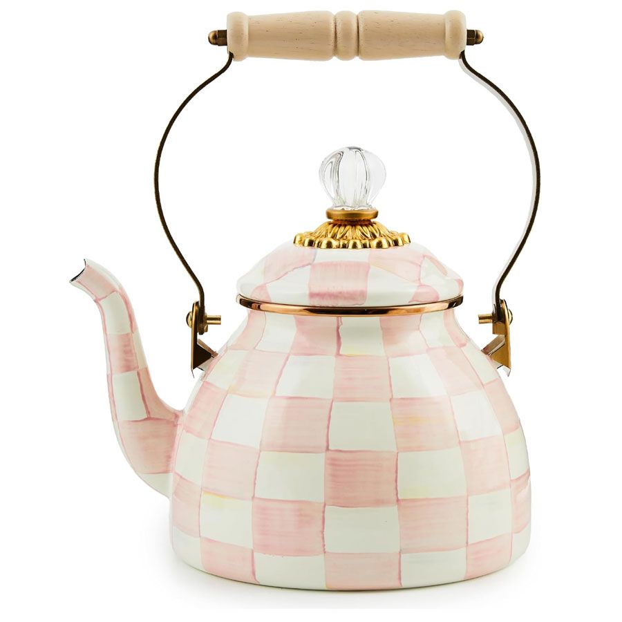 Vintage tea kettle with pink and white checkerboard design MacKenzie-Childs gift for Valentine's Day