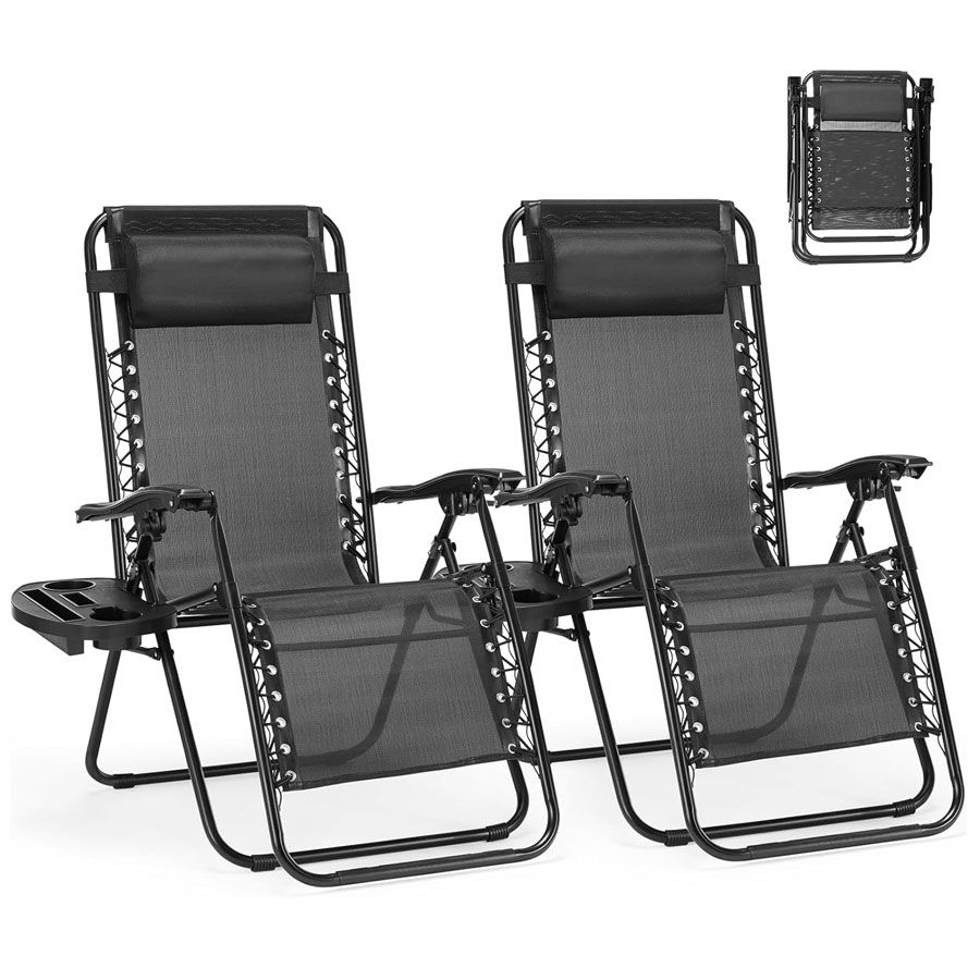 folding gravity chairs with side tray and cup holder perfect for campsite and campground outdoor living and relaxation and essential for those new to rv trailer camping