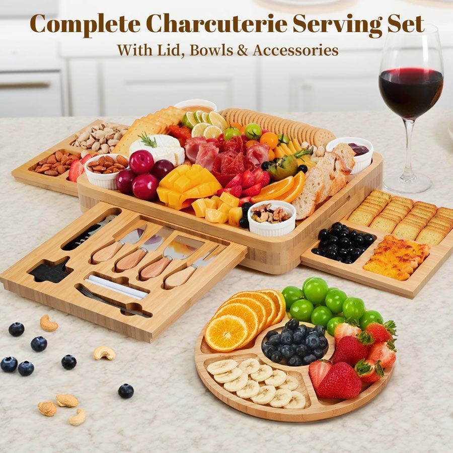 Charcuterie tray serving set with all-in-one with carrying lid, serving trays, and utensils for Christmas and holiday gift ideas and get togethers