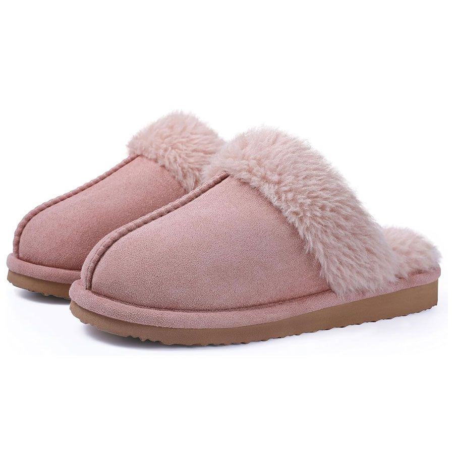 Fuzzy pink slippers that are soft with memory foam and warm that are cute for women for Christmas and winter months