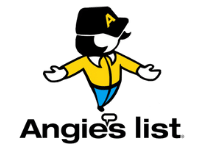 The logo for angie 's list shows a man in a yellow shirt and black hat.