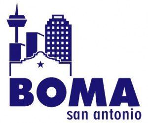 A blue and white logo for boma san antonio