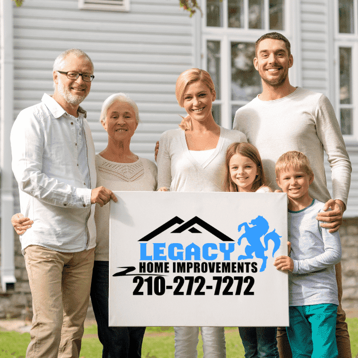 A family is holding a sign that says legacy home improvements