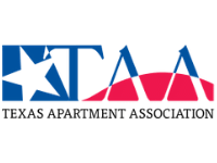 Logo for the Texas Apartment Association, featuring the Texas flag colors and the letters