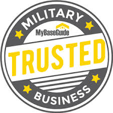 Military Trusted Business badge with yellow text on a gray background.