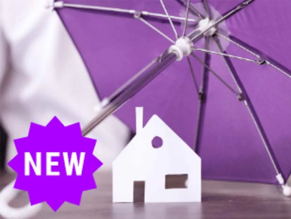 A small white house under a purple umbrella with a new sticker