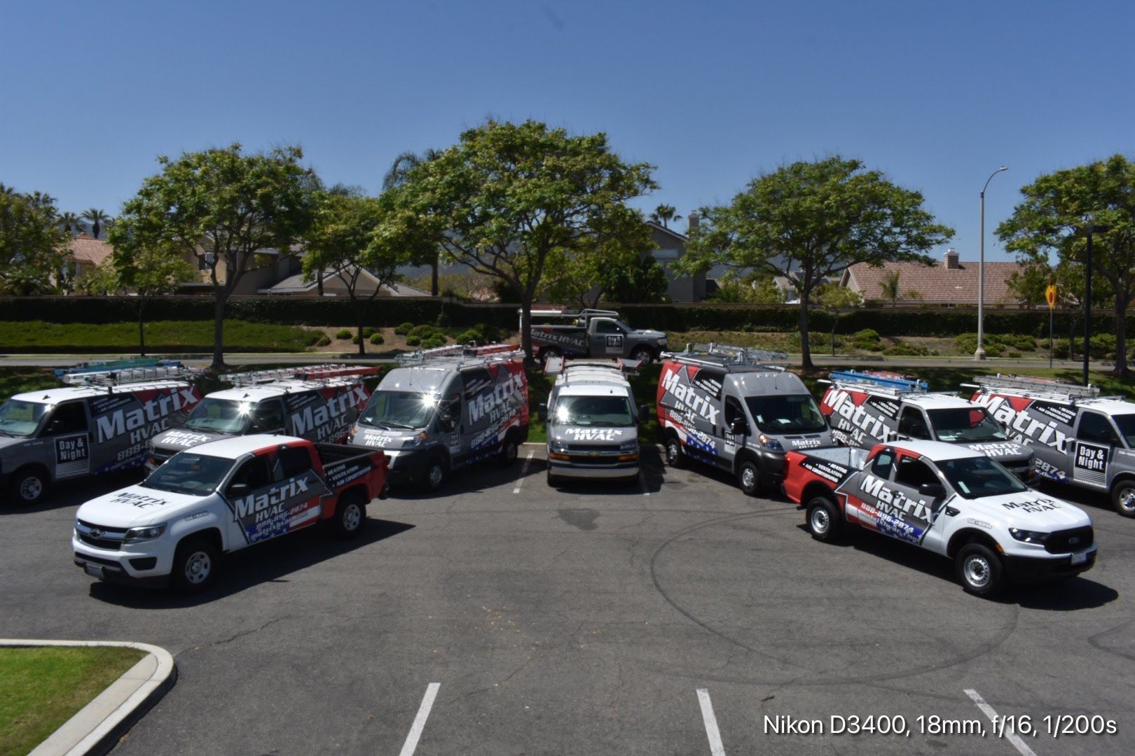 A bunch of vans are parked in a parking lot.