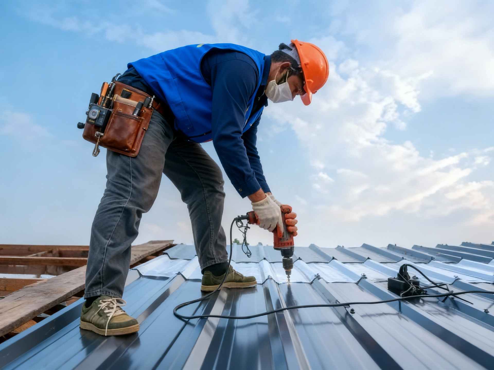 Roofer installing metal roofing, wearing a hard hat, face mask, and work gear, against a blue sky.