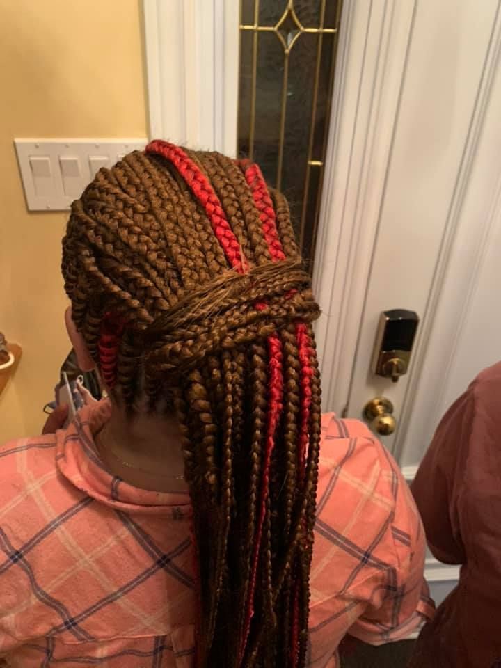 A woman with braids in her hair is standing in front of a door.