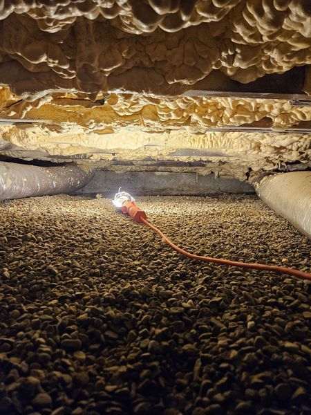 A red cord is plugged into a light in a basement.