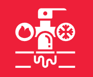A white icon of a fire extinguisher on a red background.