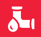 A white pipe icon on a red background.
