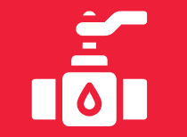 A white icon of a valve with a drop of water on a red background.