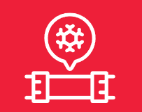 A red background with a white icon of a gear in a speech bubble.