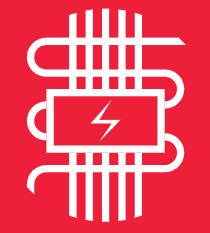 A white icon of a circuit board with a lightning bolt on a red background.