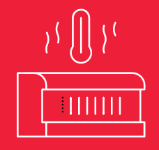 A line drawing of a toaster oven with a thermometer on a red background.