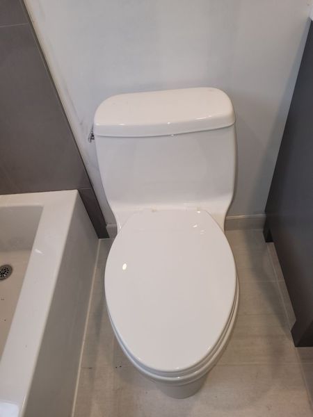 A white toilet is sitting in a bathroom next to a bathtub.