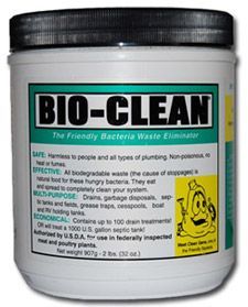 A container of Bio-Clean, a bacteria waste eliminator. The label is white, with a black top and green and yellow accents.