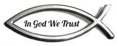 A silver fish with the words `` in god we trust '' written on it.