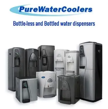 A group of bottleless and bottled water dispensers from purewatercoolers