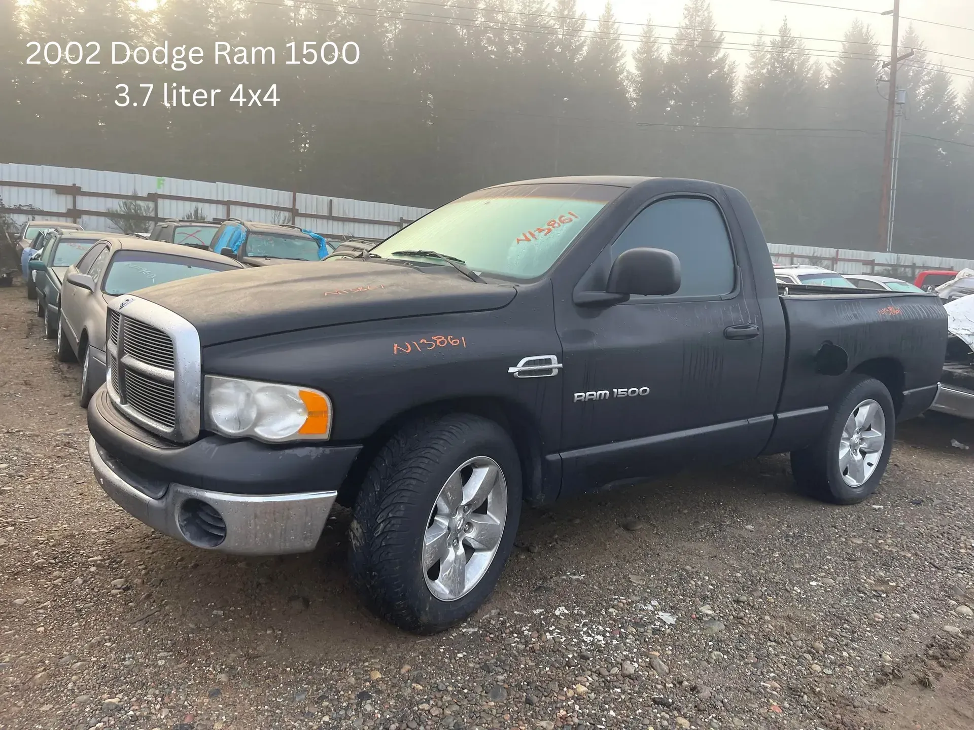 2002 black Dodge Ram 1500 truck in a salvage yard on a hazy day.
