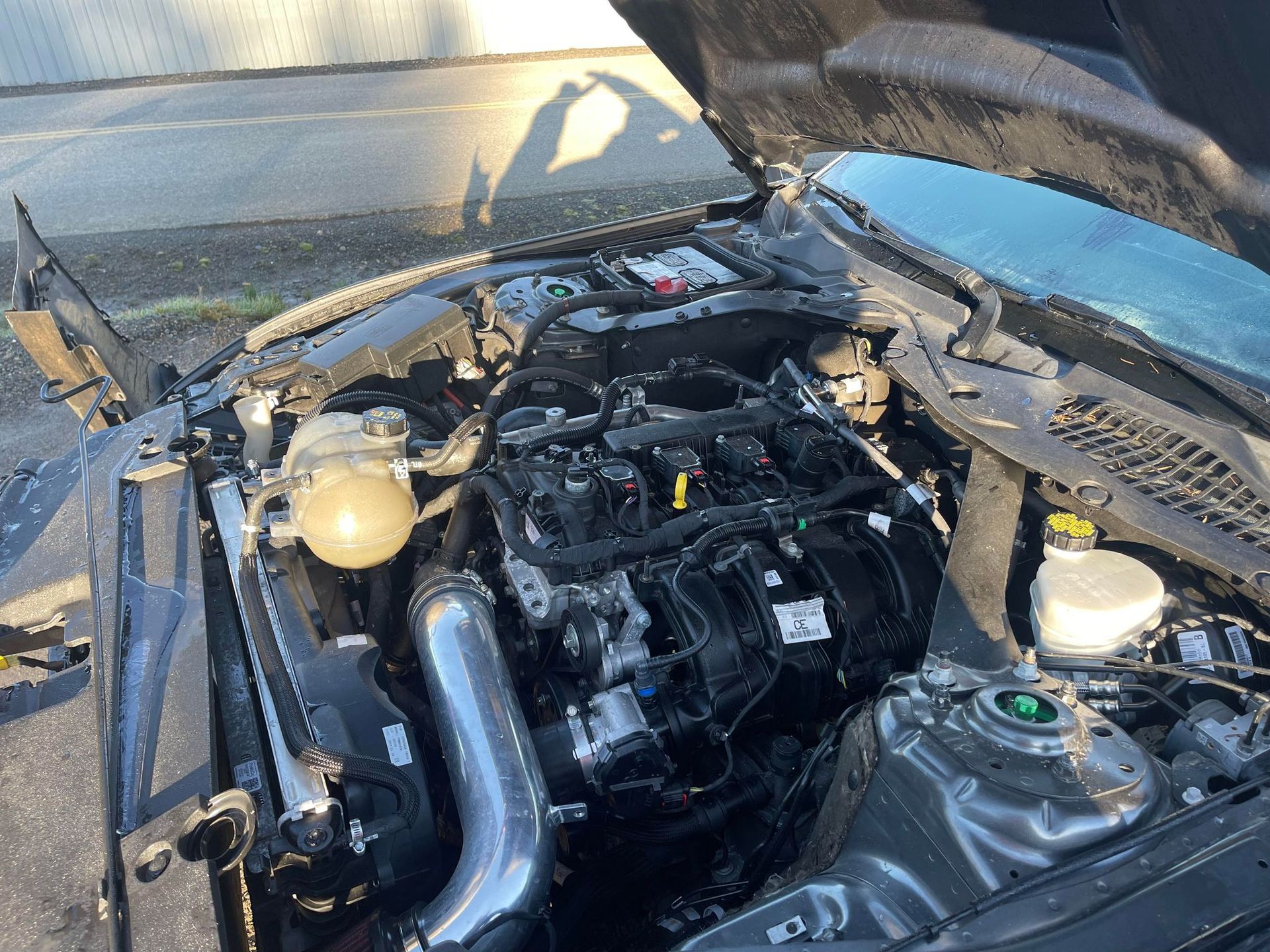 Open hood of a gray Ford Mustang, engine visible with silver intake, battery, and coolant tank.