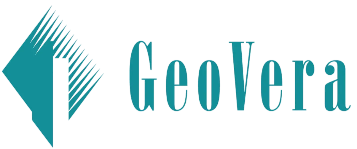 Logo of GeoVera: a turquoise diamond shape with radiating lines, next to 