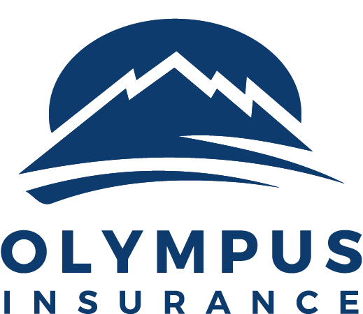 Logo for Olympus Insurance: Blue mountain range under a blue semi-circle, with 