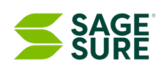 Logo for Sage Sure, featuring a green stylized leaf design and dark green text.