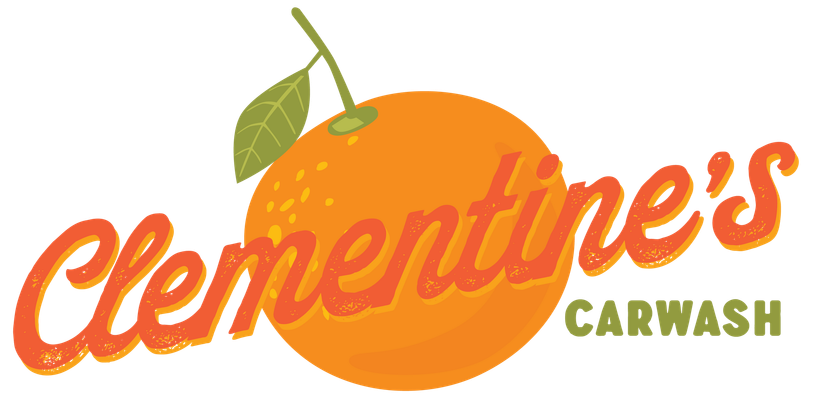 A logo for Clementine's Carwash with a happy orange holding a flag  in an old cartoon style for a touchfree carwash in Louisville Kentucky 