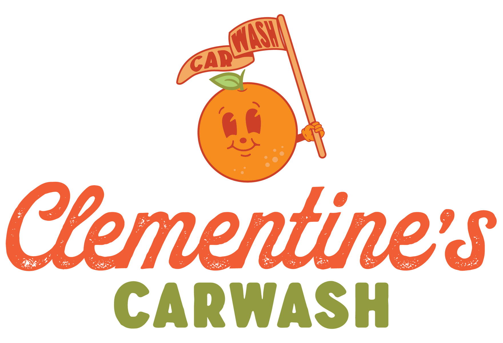 A logo for Clementine's Carwash with a happy orange holding a flag  in an old cartoon style for a touchfree carwash in Louisville Kentucky 