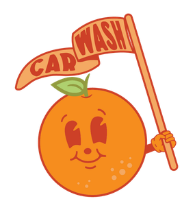 A logo for thomas car wash with an orange slice in the center clementine's touchfree carwash in Louisville Kentucky 