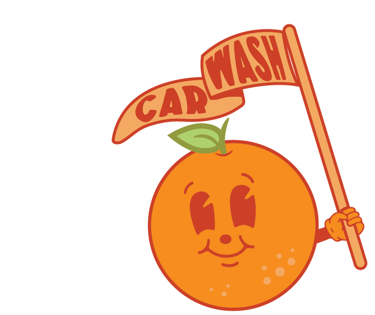 A logo for Clementine's Carwash with a happy orange holding a flag  in an old cartoon style for a touchfree carwash in Louisville Kentucky 