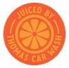 A logo for thomas car wash and clementine car wash with an orange slice in the center clementine's touchfree carwash in Louisville Kentucky 