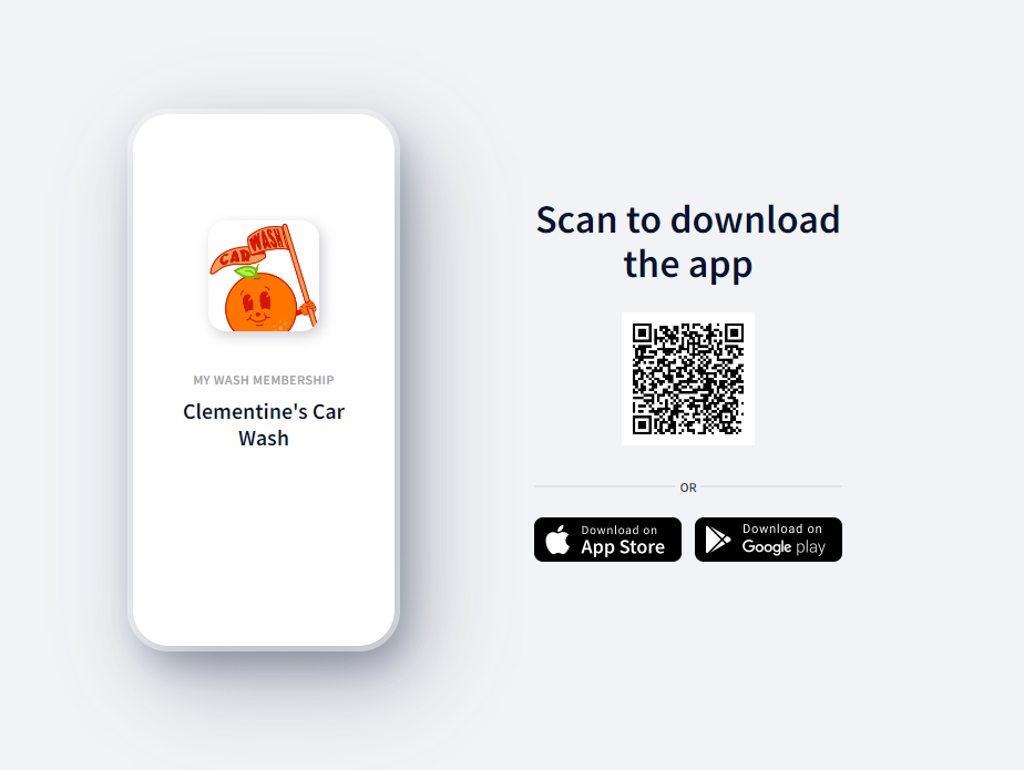 scan to download the app or click to go to the link to download the clementine carwash membership and loyalty app - touchfree carwash in kentucky