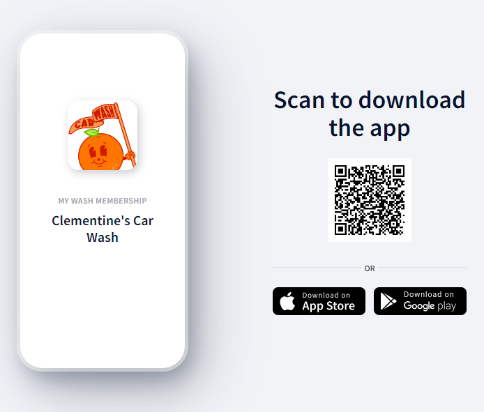 scan to download the app or click to go to the link to download the clementine carwash membership and loyalty app - touchfree carwash in kentucky