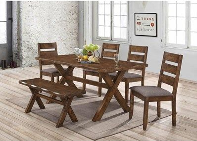 Dining set: wooden table with bench, four chairs, on a rug in a bright room.
