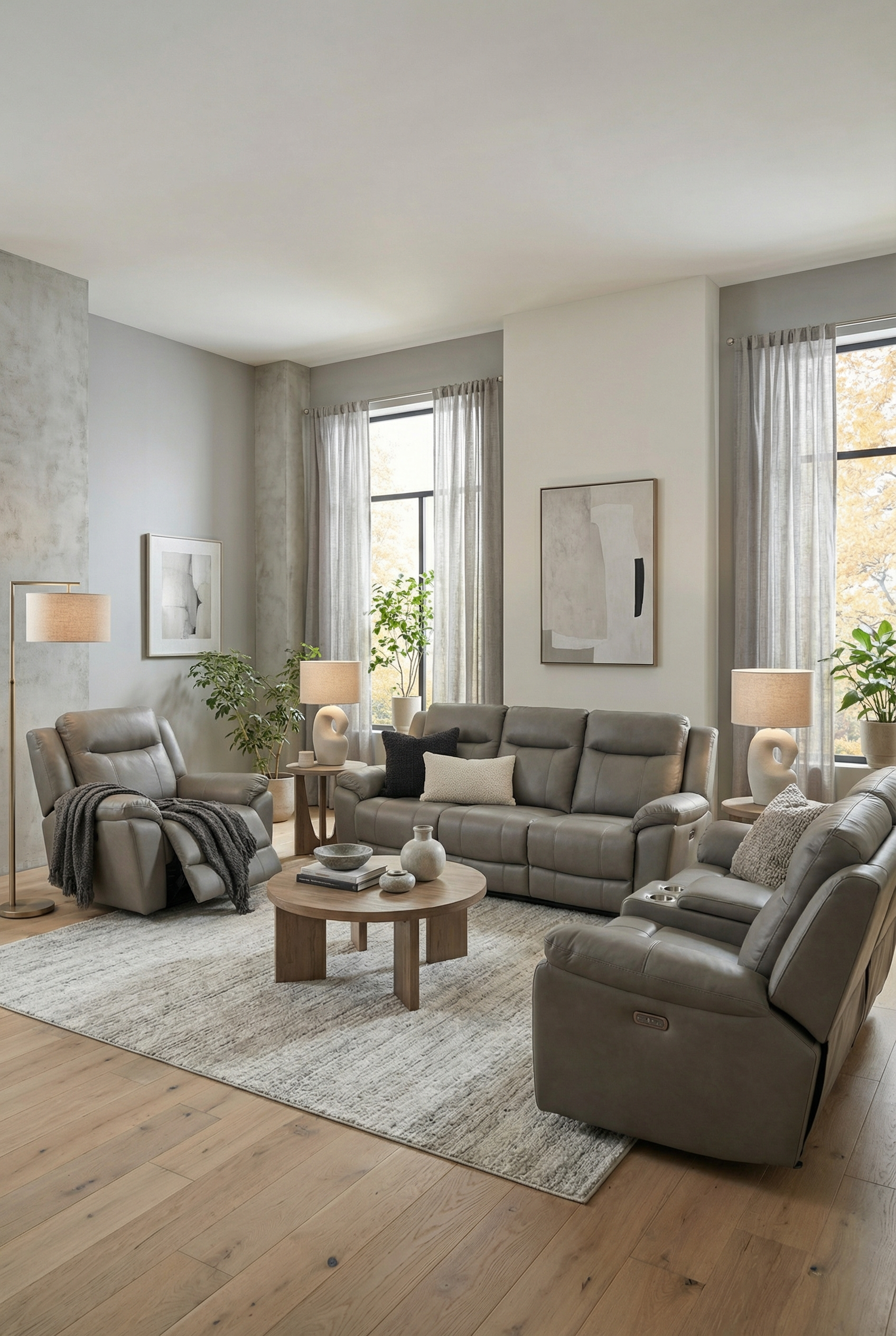 A living room featuring a grey leather sofa set, armchair, round wooden coffee table, and area rug in a bright space.