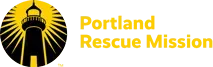Portland Rescue Mission logo: Black lighthouse with yellow rays inside a yellow circle and yellow text.