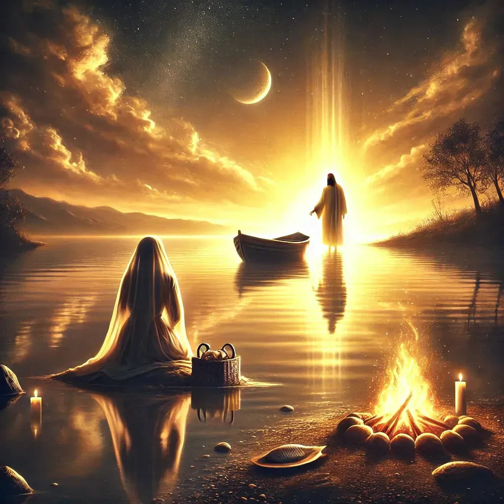 A man in a boat is standing next to a woman in the water