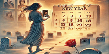 A woman is standing in front of a calendar that says new year.