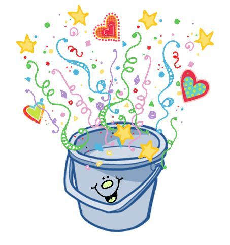 A blue bucket with a smiling face and confetti coming out of it