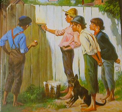 A painting of a group of children painting a fence