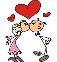 A cartoon of a man and woman kissing under a heart.