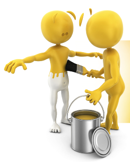 Two yellow cartoon characters are standing next to a can of paint